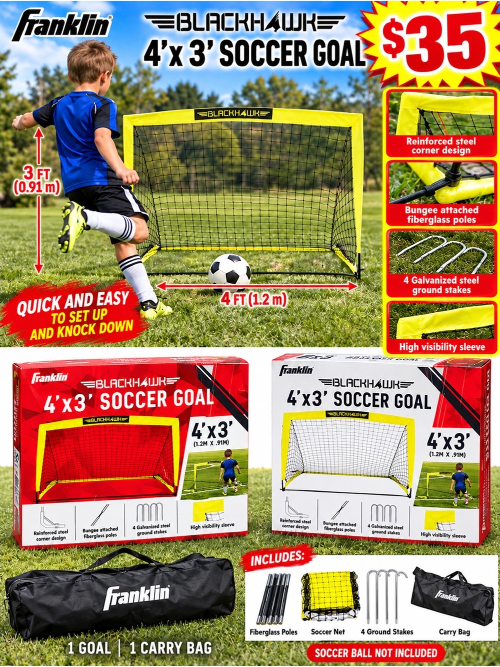 BlackHawk 4'x3' Portable Soccer Goal - High Visibility Yellow